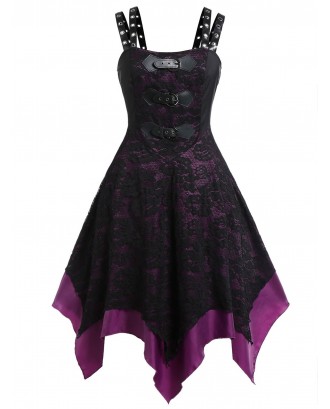Plus Size PU Buckle Grommet Halloween Gothic Lace Party Dress - 5x