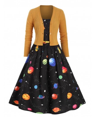 Plus Size Planet Print Dress with Cropped Cardigan - 1x