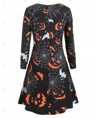 Plus Size Halloween Pumpkin Spider Web Print Swing Dress - 2x
