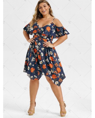 Plus Size Floral Print Ruffled Cami Dress - L