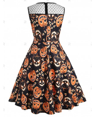 Plus Size Lace Insert Pumpkin Print Halloween Vintage Party Dress - 5x