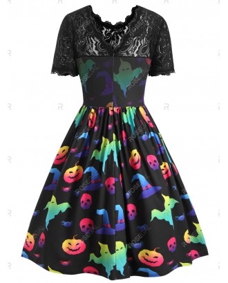 Plus Size Halloween Pumpkin Ghost Print Vintage Swing Dress - 5x