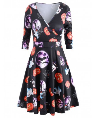 Plus Size Halloween Pumpkin Skull Surplice Dress - 5x