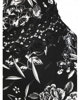 Plus Size Floral Print Lace Panel Midi Vintage Dress - 3x