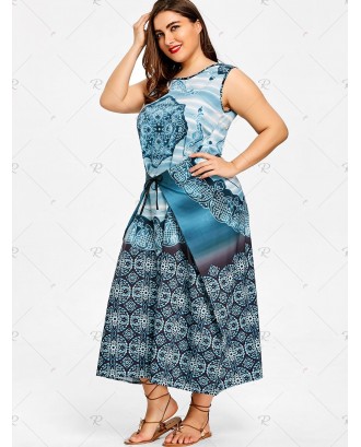 Plus Size Ethnic Self Tie Sleeveless Dress - Xl