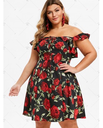 Plus Size Floral Print Lace Up Off Shoulder A Line Dress - 5x