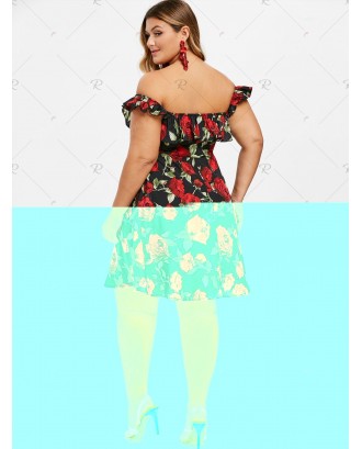 Plus Size Floral Print Lace Up Off Shoulder A Line Dress - 5x