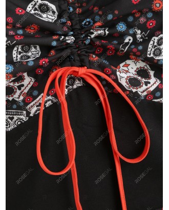 Plus Size Halloween Skulls Print Flounce Cinched Dress - 3x