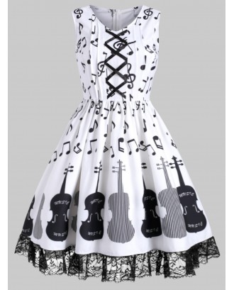 Lattice Lace Panel Musical Note Print Plus Size Dress - 3x