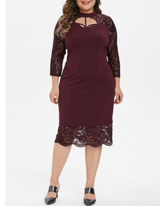 Long Sleeve Strappy Cut Out Lace Panel Plus Size Dress - 6x