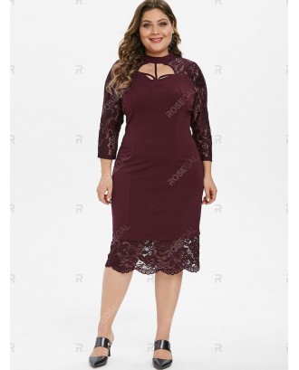 Long Sleeve Strappy Cut Out Lace Panel Plus Size Dress - 6x