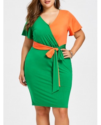 Plus Size Two Tone Belted Dress - Xl
