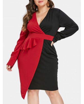Plus Size Color Block Asymmetrical Surplice Dress - L