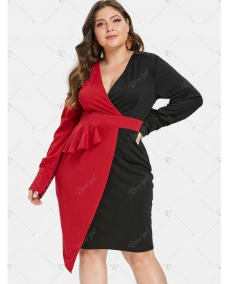 Plus Size Color Block Asymmetrical Surplice Dress - L