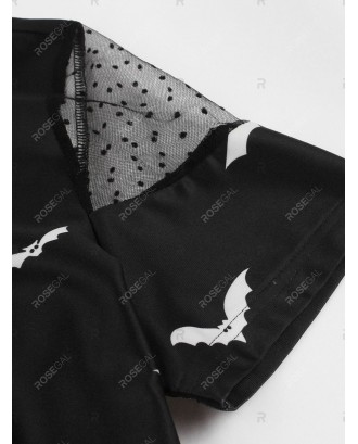 Bat Print Flat Collar Swiss Dot Panel Halloween Dress - 2xl