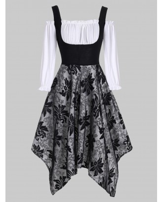 Floral Lace Overlay Frilled Cold Shoulder Dress - 3xl