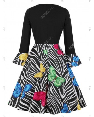 V Neck Butterfly Zebra Print Fit and Flare Dress - M