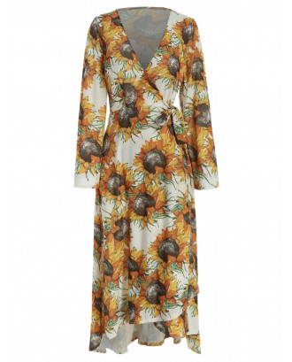 Long Sleeve Sunflower Print Wrap Dress - 2xl