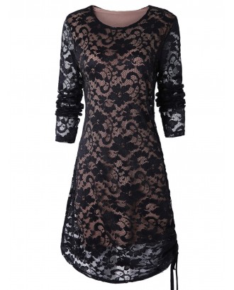 Ruched Side Full Sleeve Tunic Lace Dress - S
