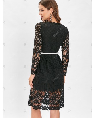 Belted Lace A Line Dress - L