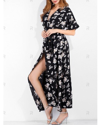 Surplice Floral Long Slit Belted Dress - L