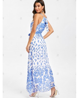 Floral Print Belted Sleeveless Maxi Dress - L