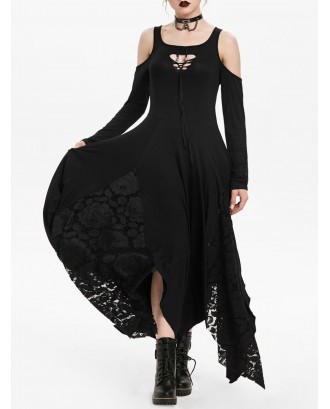 Open Shoulder Lace Panel Asymmetrical Dress - Xl