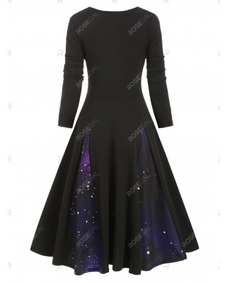 Galaxy Print Bowknot Buttoned Long Sleeve Dress - M
