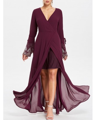 Plunging Neck Flare Sleeve Maxi Dress - L