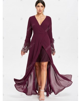 Plunging Neck Flare Sleeve Maxi Dress - L