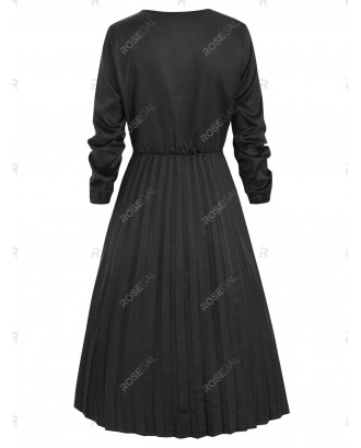 V Neck Satin Long Sleeves Pleated Dress - L