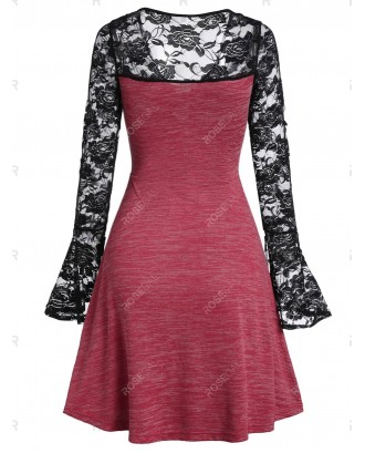 Lace Insert Bowknot Space Dye Dress - L