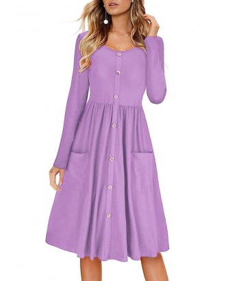 Buttons Pockets Long Sleeves A Line Dress - L