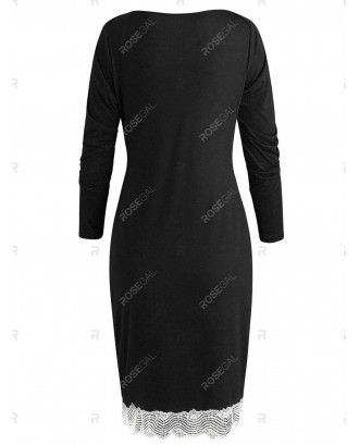 Long Sleeve Lace Trim Sheath Dress - M