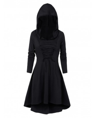 Lace-up High Low Hooded Heathered Gothic Dress - M