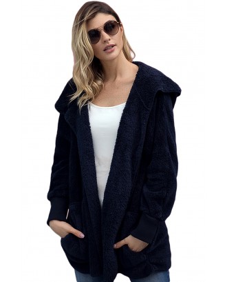 Blue Soft Fleece Hooded Open Front Coat
