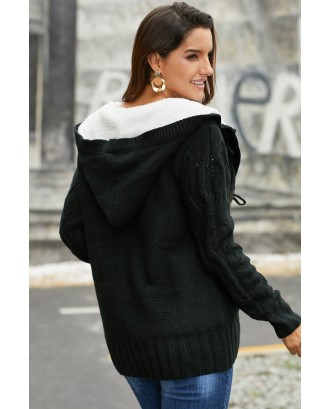Black Fur Hood Horn Button Sweater Cardigan