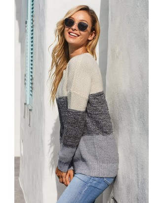 Gray Color Block Netted Texture Pullover Sweater