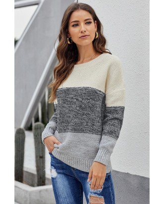 Gray Color Block Netted Texture Pullover Sweater