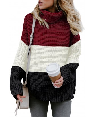 Black Turtleneck Color Block Pullover Sweater