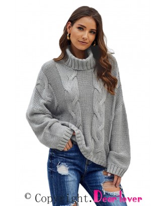 Gray Cuddle Weather Cable Knit Handmade Turtleneck Sweater
