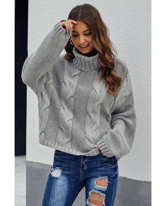 Gray Cuddle Weather Cable Knit Handmade Turtleneck Sweater