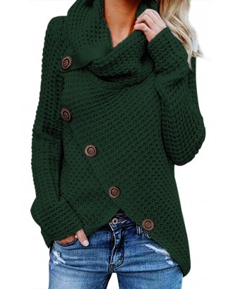 Olive Green Buttoned Wrap Turtleneck Sweater