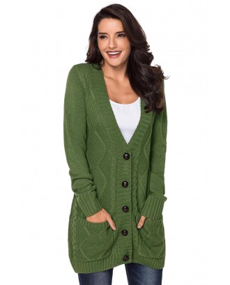Green Front Pocket and Buttons Closure Cardigan