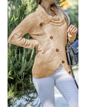 Beige Buttoned Wrap Turtleneck Sweater