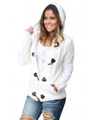 White Fur Hood Horn Button Sweater Cardigan