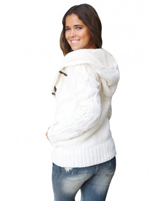 White Fur Hood Horn Button Sweater Cardigan