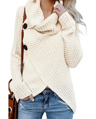 White Buttoned Wrap Cowl Neck Sweater