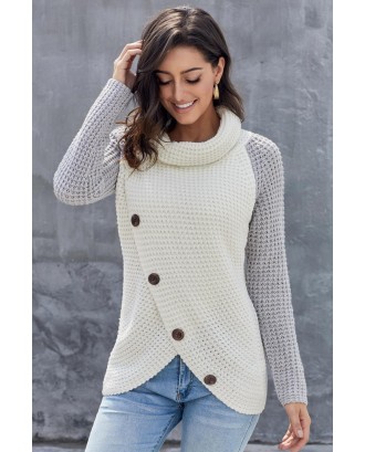 Gray Button Turtle Cowl Neck Asymmetric Hem Wrap Pullover Sweater