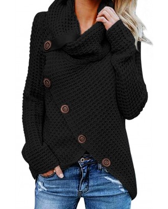 Black Buttoned Wrap Turtleneck Sweater